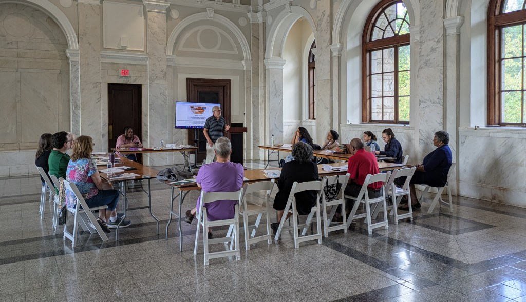 Murray Browne address members of a workshop at the DeKalb County History Center